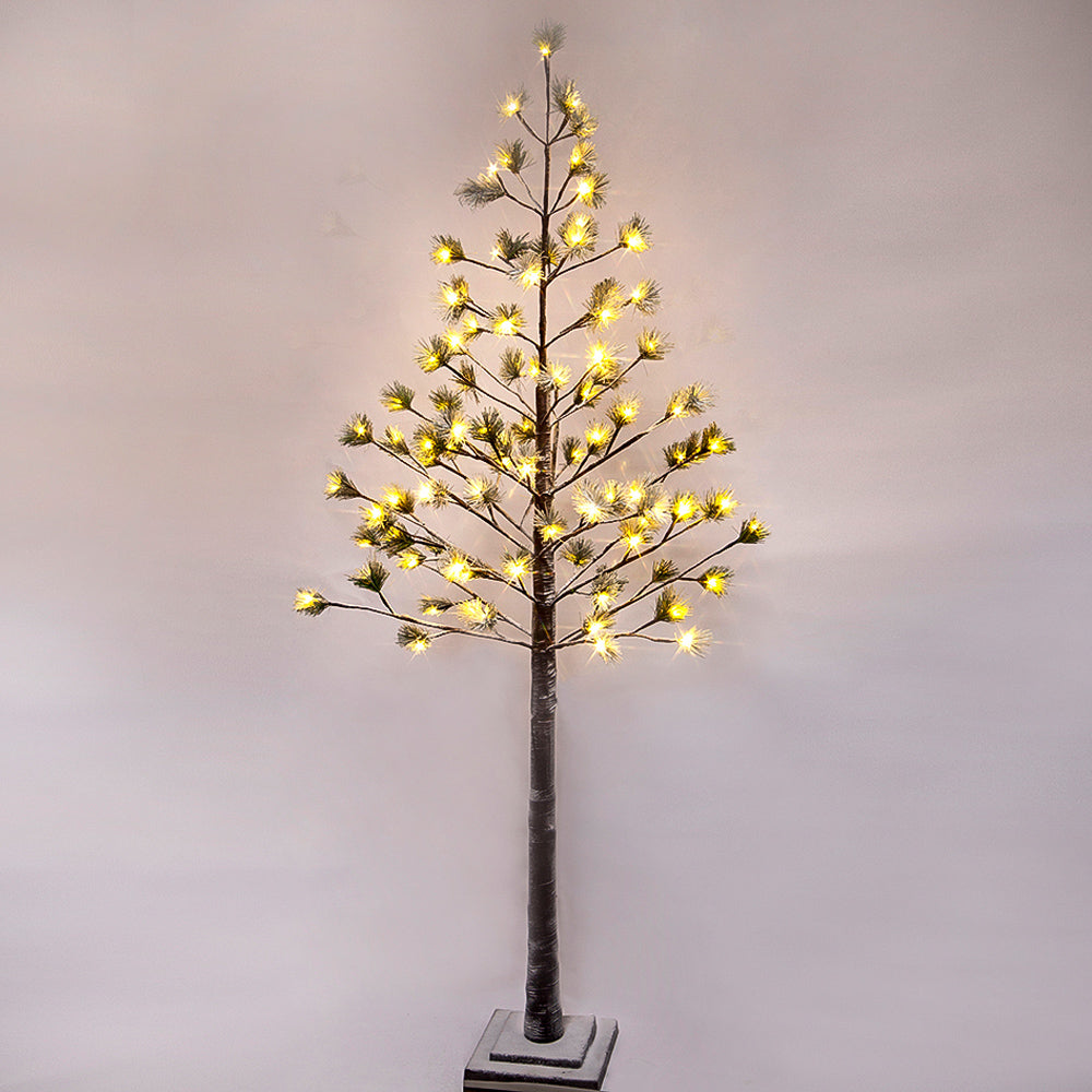6-Ft Prelit Artificial Pine Christmas Tree with 96 Warm White LED Lights, Realistic Green Needle Leaves, Indoor & Outdoor, Adjustable Branches, Square Base – Buy a Tree and get a Pair of Stockings