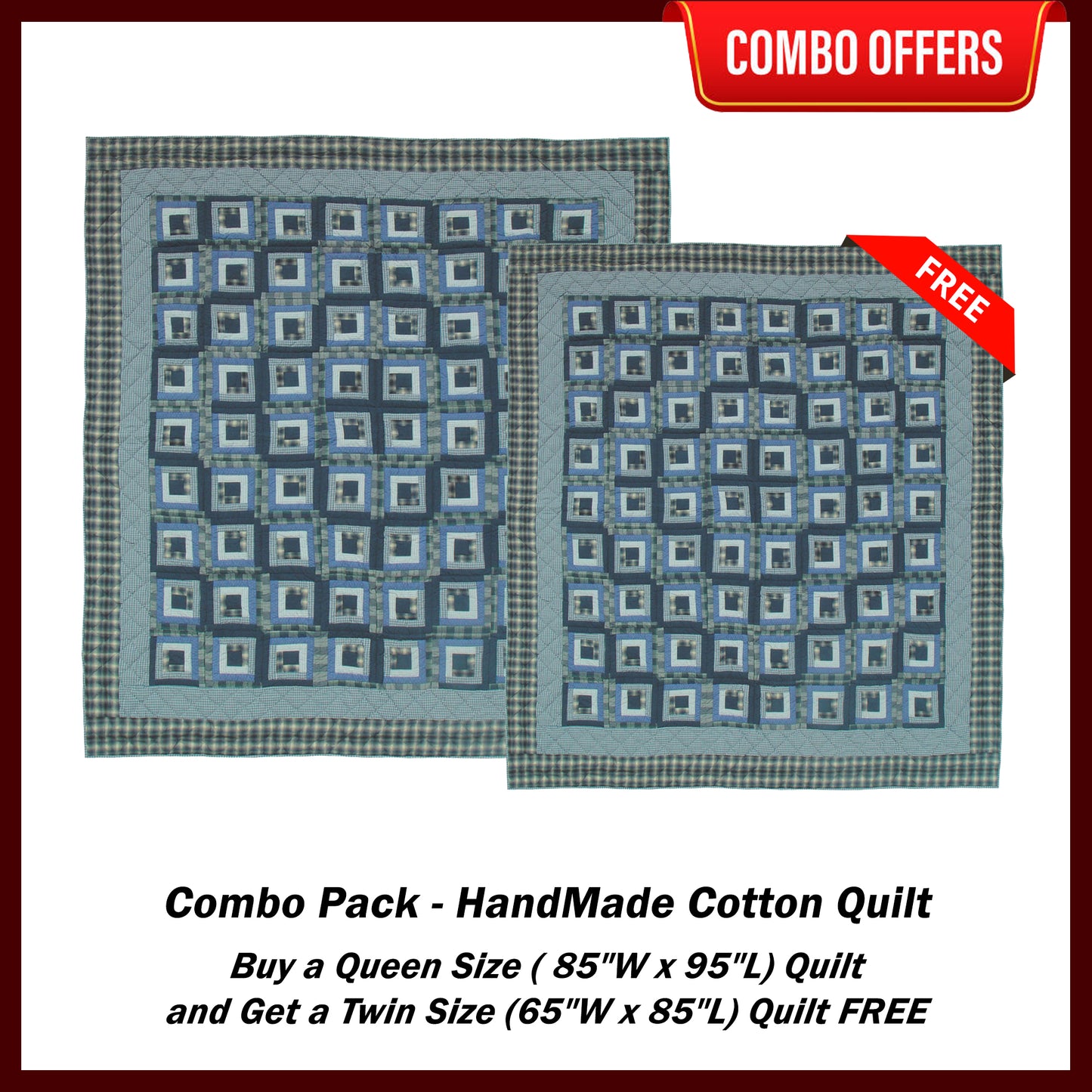 Blue Log Cabin Handmade Cotton Quilt - Buy a Queen Size Quilt and Get a Twin Size Quilt FREE