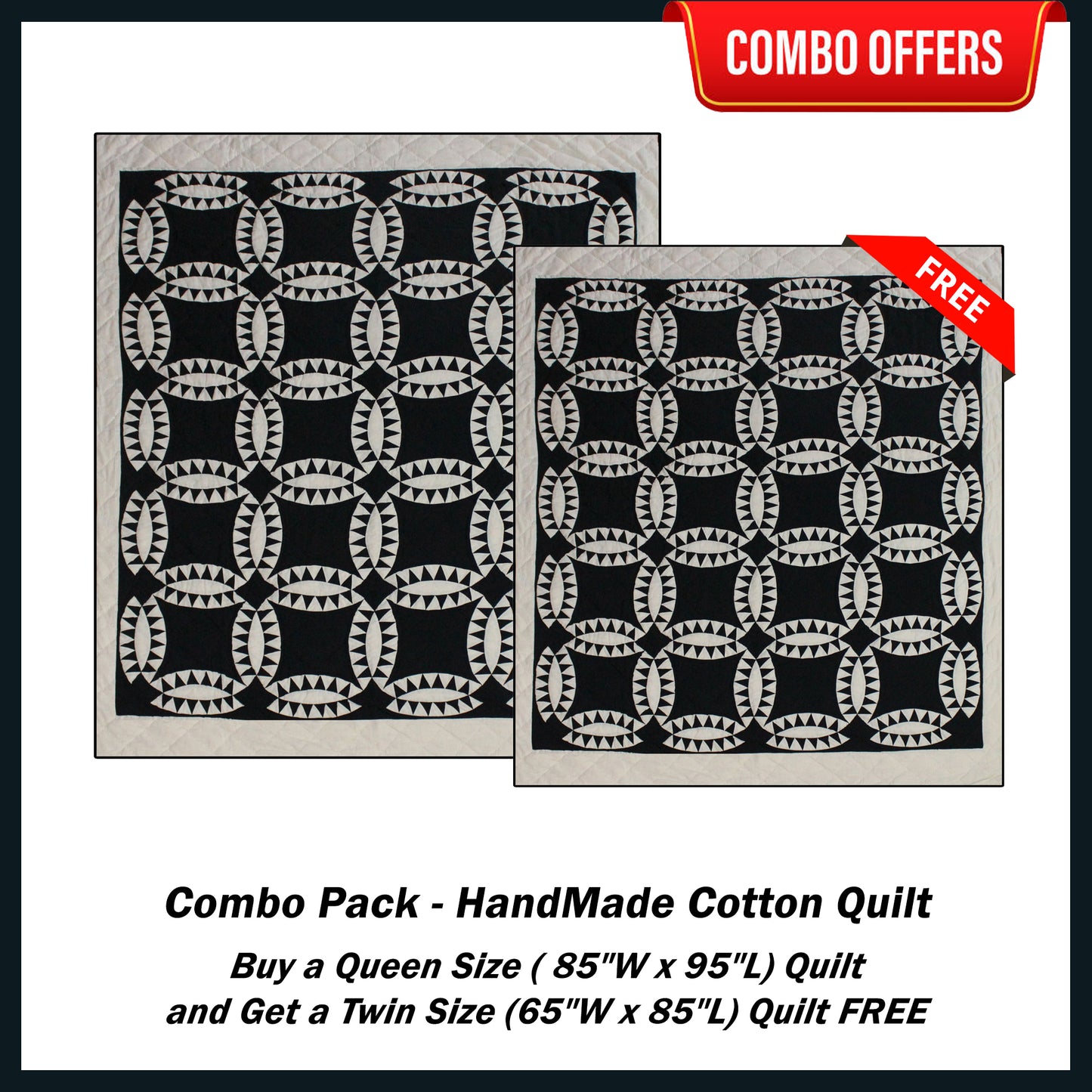 Black and white Wedding Ring Handmade Cotton Quilt - Buy a Queen Size Quilt and Get a Twin Size Quilt FREE