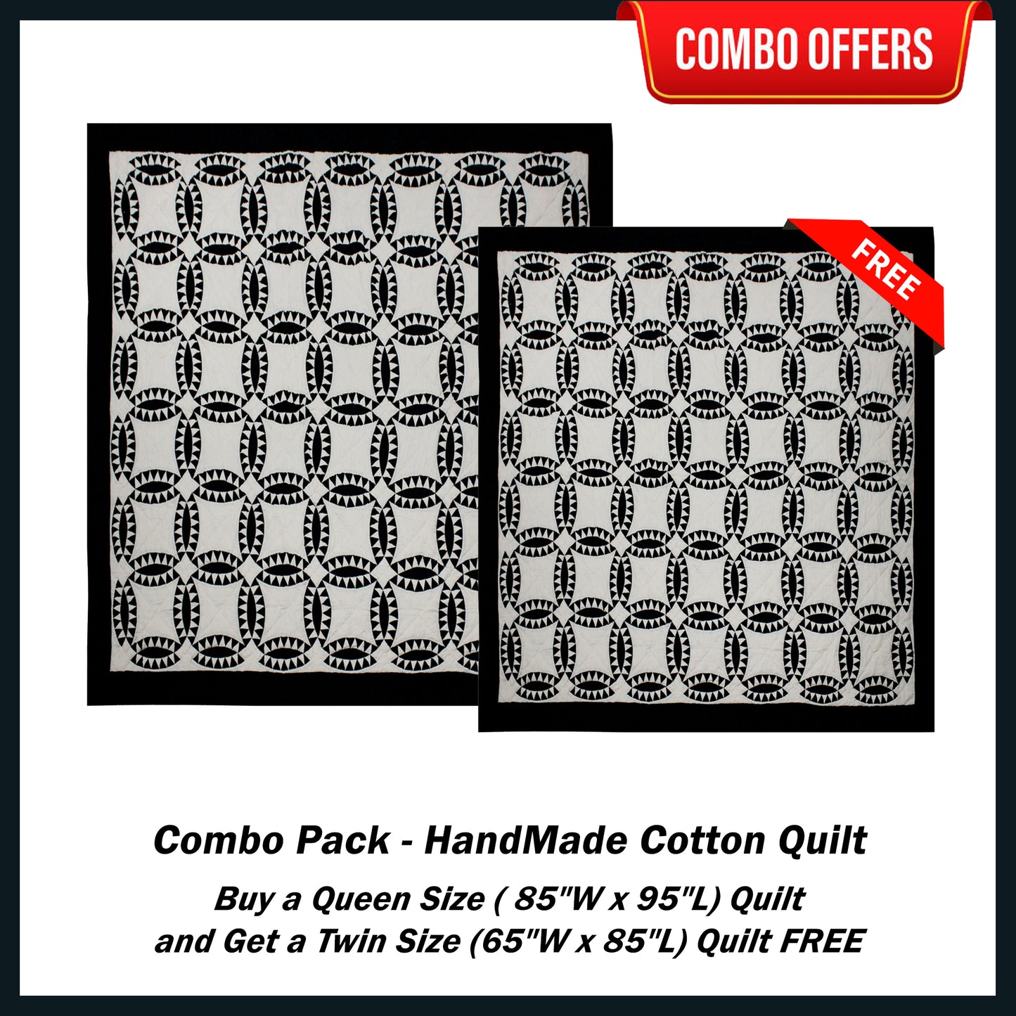 Coal Wedding Ring Handmade Cotton Quilt - Buy a Queen Size Quilt and Get a Twin Size Quilt FREE