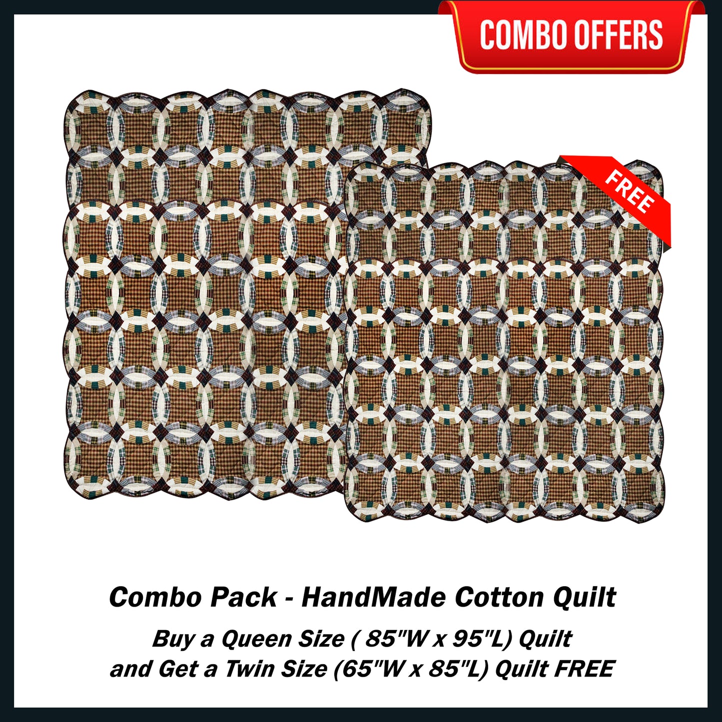 Farmland Wedding Ring Handmade Cotton Quilt - Buy a Queen Size Quilt and Get a Twin Size Quilt FREE