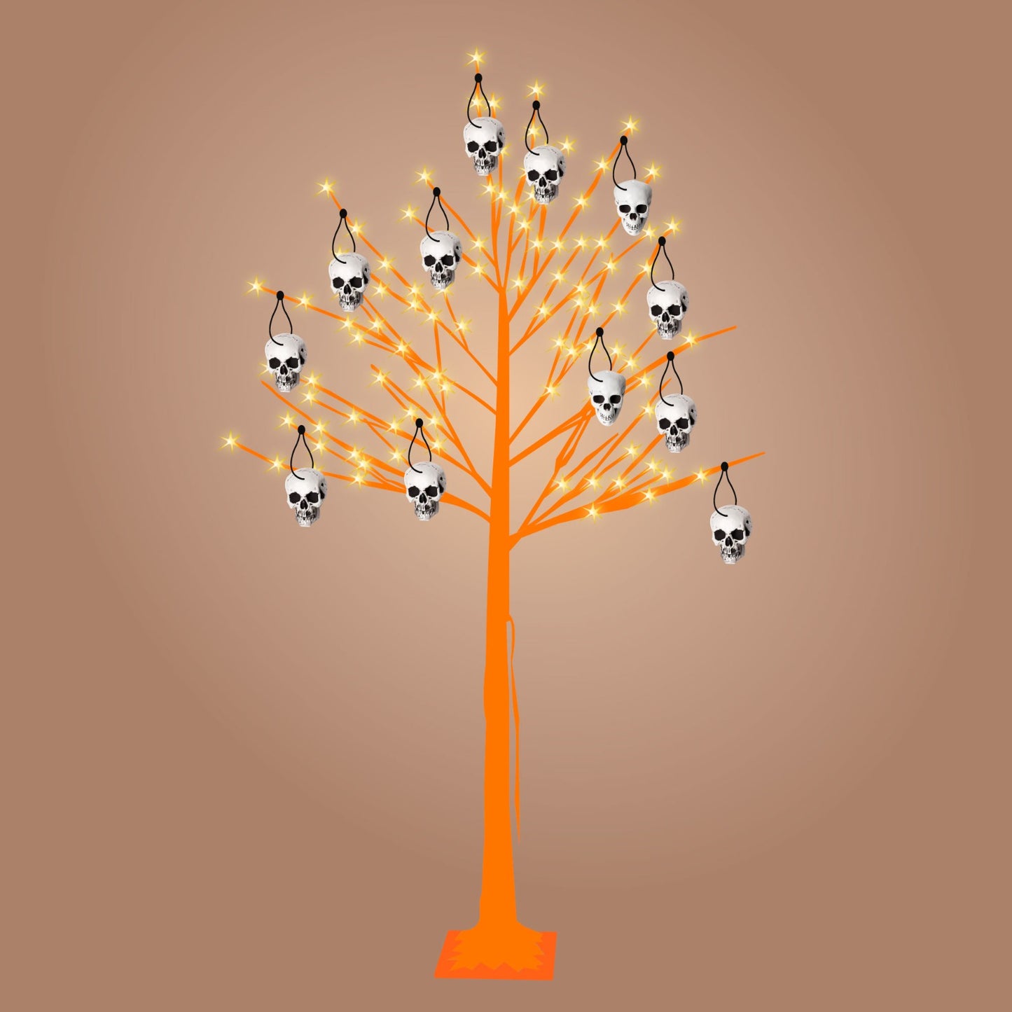 Halloween Tree Kit - 7-Ft Prelit Half-White Birch Tree (160 Warm White LED Lights), Orange Paint Set, 12 Skull HangingĀ Ornaments.