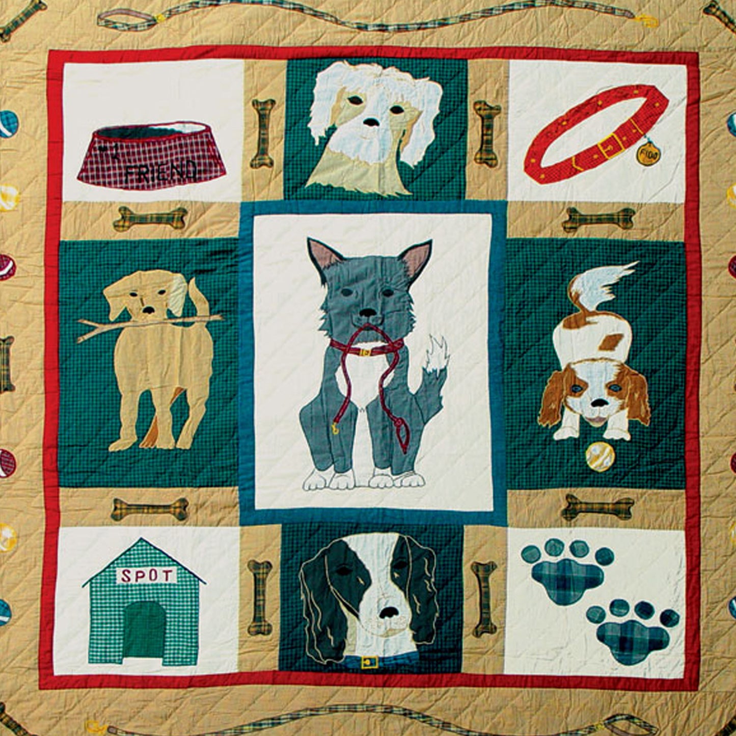 Fido Twin Quilt – 65"x85" Handmade Cotton Quilt with Playful Dog Motifs and Red Border