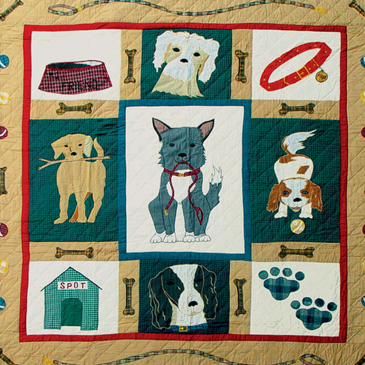 Fido Twin Quilt – 65"x85" Handmade Cotton Quilt with Playful Dog Motifs and Red Border