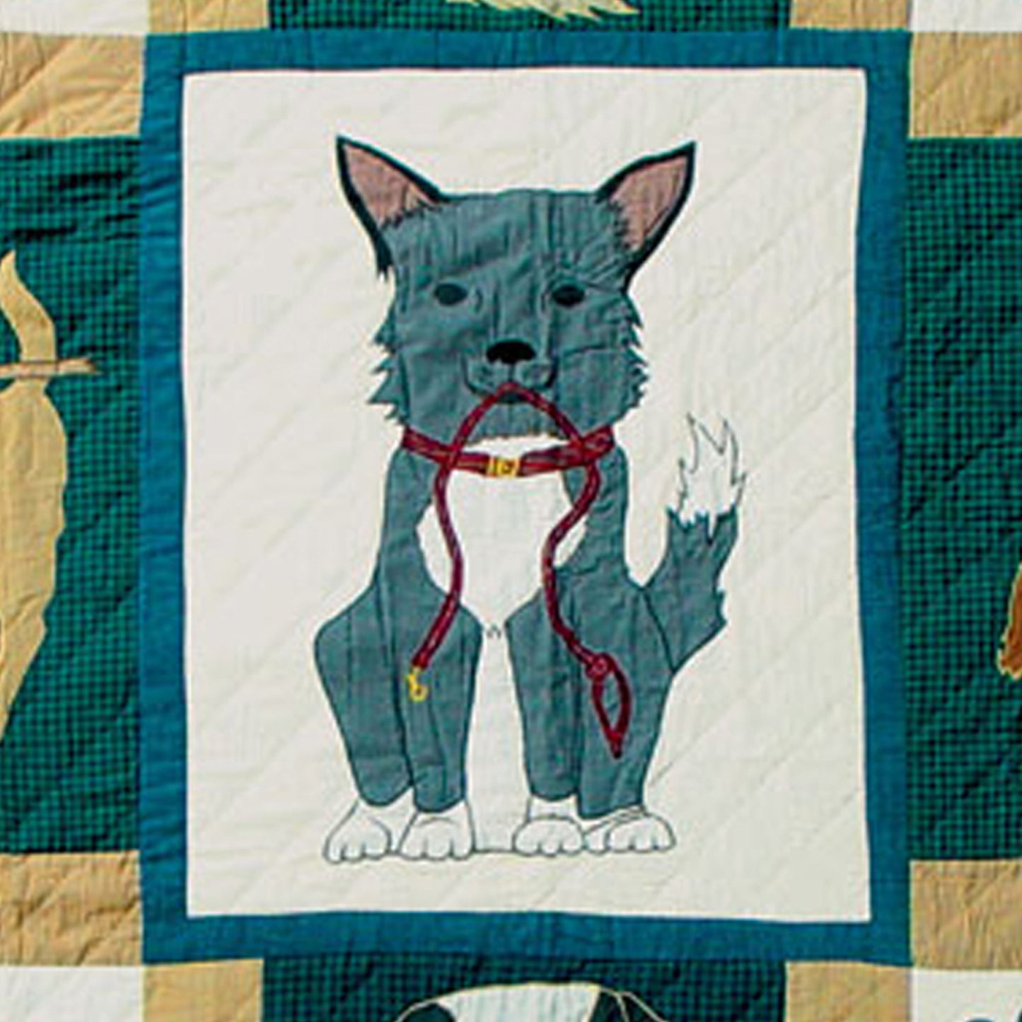 Fido Twin Quilt – 65"x85" Handmade Cotton Quilt with Playful Dog Motifs and Red Border