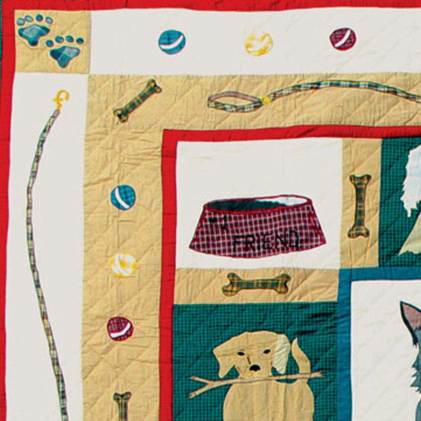 Fido Twin Quilt – 65"x85" Handmade Cotton Quilt with Playful Dog Motifs and Red Border