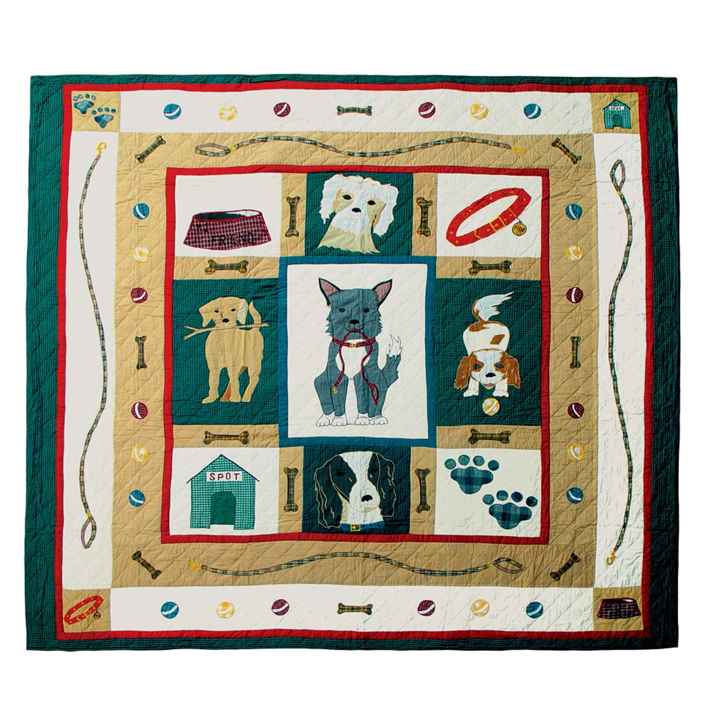 Fido Twin Quilt – 65"x85" Handmade Cotton Quilt with Playful Dog Motifs and Red Border