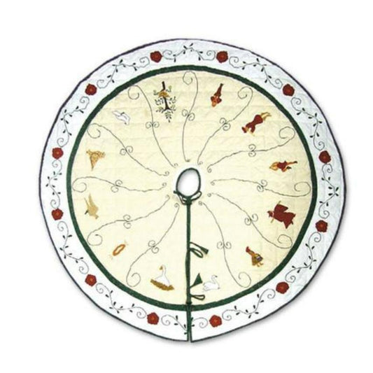 Twelve Days Tree Skirt - Large 54" Dia - Buy Now and Receive a FREE Matching Stocking! Crafted from 100% Cotton for a Cozy Holiday Setting