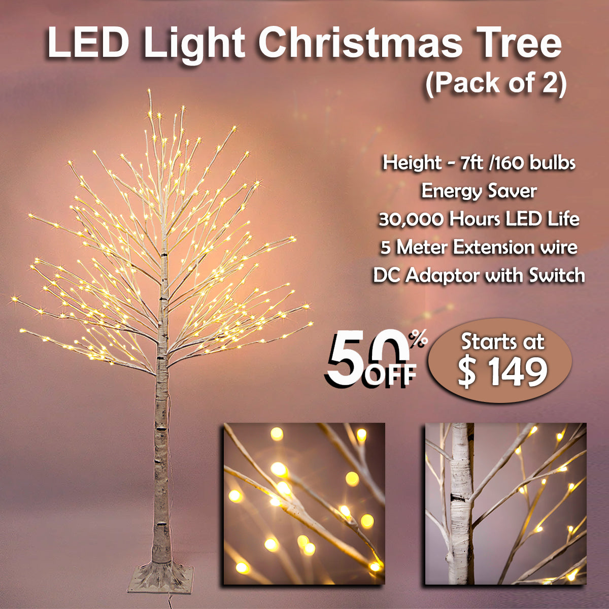 Artificial LED Light Christmas tree, 7 Ft Height White birch tree with 160 Bulbs.