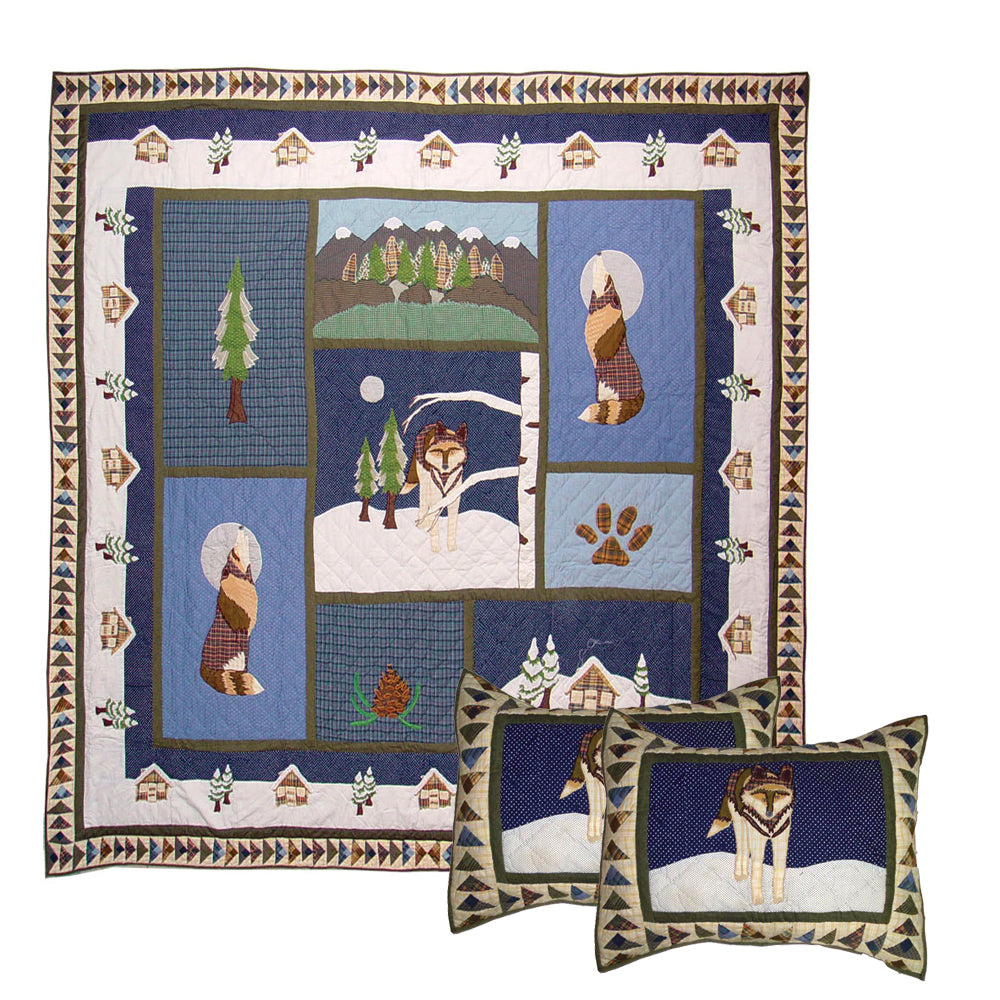 Wolf-Themed Embroidered Handmade Cotton Quilt - Buy a Quilt and get a matching Pillow Shams FREE