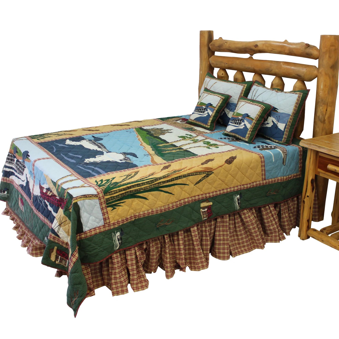 Loons on the lake Quilt, Hand cut and Appliqued cotton fabric motifs.