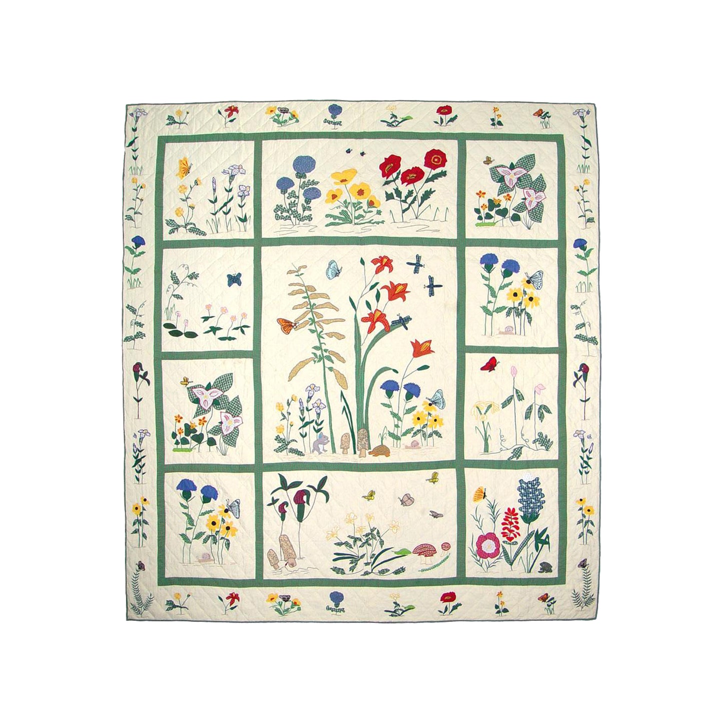 Wildflowers meadow Quilt, Hand cut and Appliqued cotton fabric motifs.