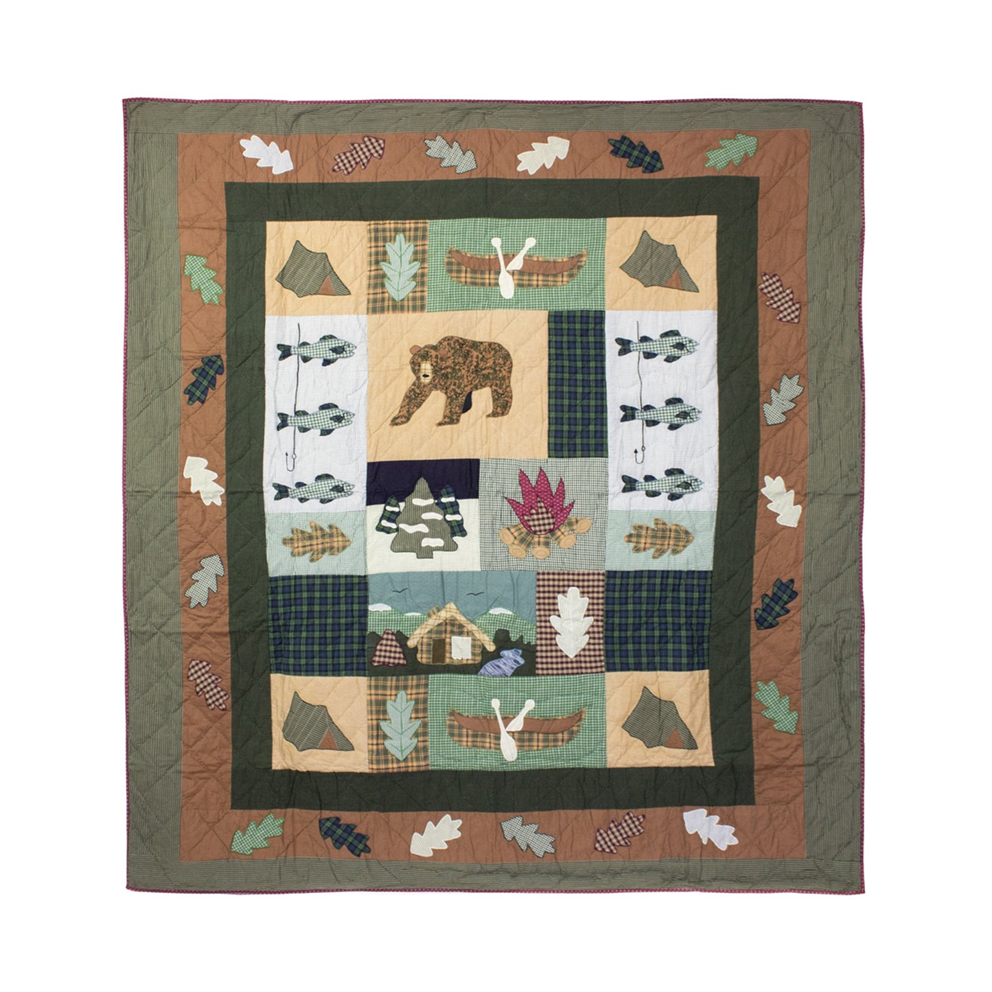 Quilted Cabin Quilt, Hand cut and Appliqued cotton fabric motifs.