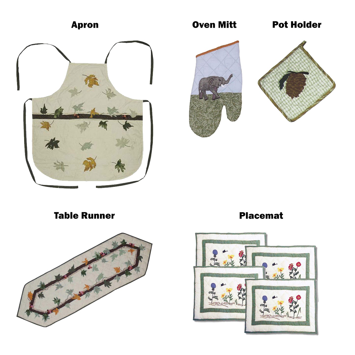 Patchmagic's Kitchen accessories - Set of 5 - Apron, Oven Mitt, Pot holder, Table runner, and 4 number Place mats