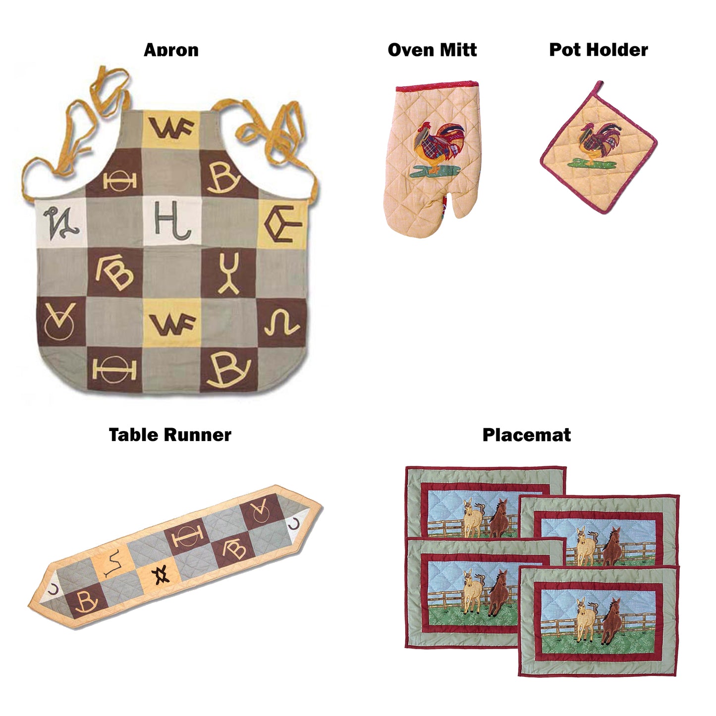 Patchmagic's Kitchen accessories - Set of 5 - Apron, Oven Mitt, Pot holder, Table runner, and 4 number Place mats