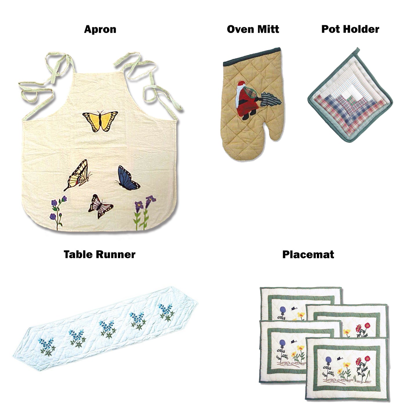 Patchmagic's Kitchen accessories - Set of 5 - Apron, Oven Mitt, Pot holder, Table runner, and 4 number Place mats