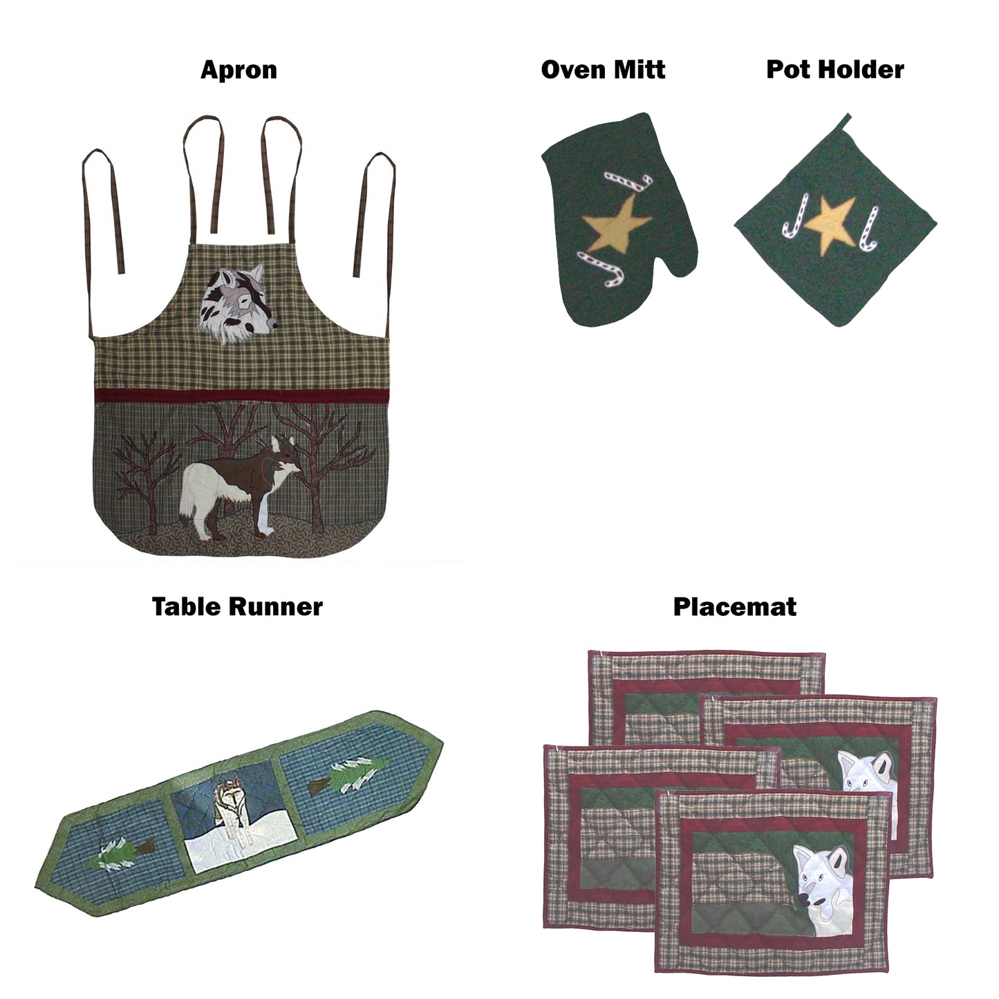 Patchmagic's Kitchen accessories - Set of 5 - Apron, Oven Mitt, Pot holder, Table runner, and 4 number Place mats