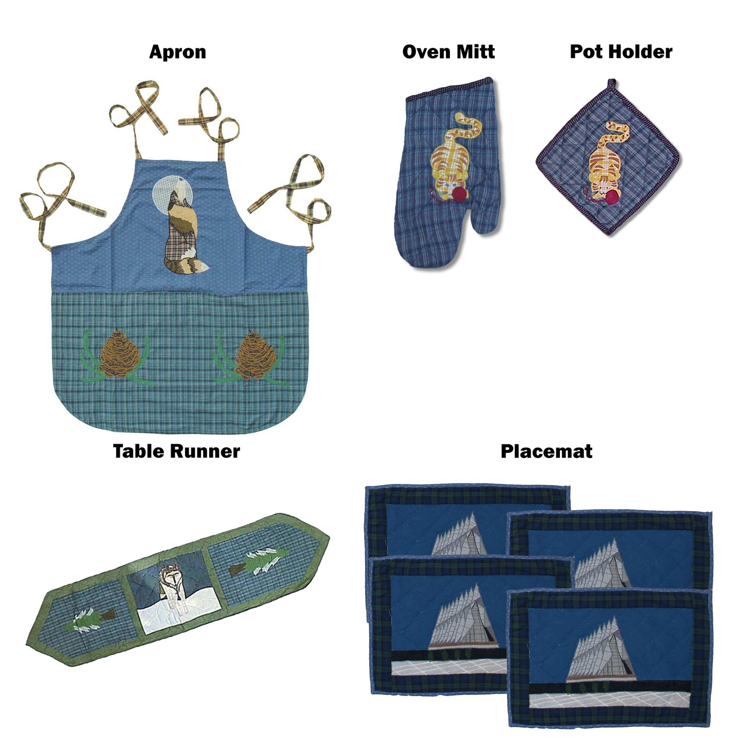 Patchmagic's Kitchen accessories - Set of 5 - Apron, Oven Mitt, Pot holder, Table runner, and 4 number Place mats