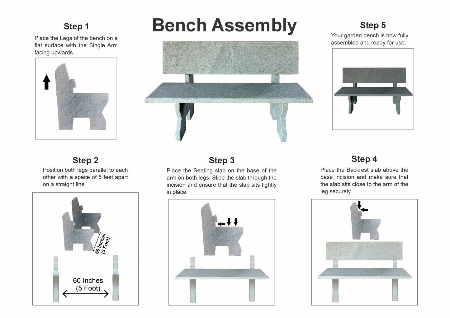Granite Stone Outdoor Park Bench | Embracing Nature's Elegance | 5 Ft Long | 2 Inch Thickness Seater
