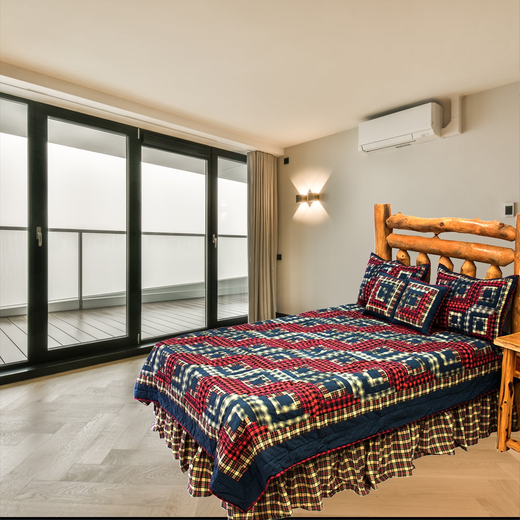 Patch Magic’s Blue & Red Elegant Quilt - The traditional blue and Red concentric squared design is eye-catching, especially the black squares adhering to the corners of these white squares, which will make you feel warm.