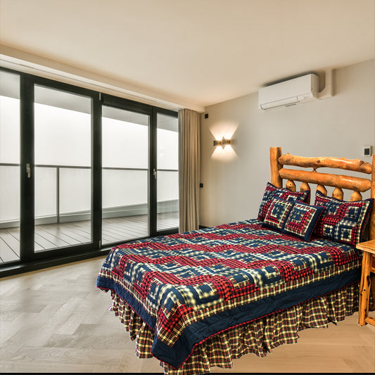 Patch Magic’s Blue & Red Elegant Quilt - The traditional blue and Red concentric squared design is eye-catching, especially the black squares adhering to the corners of these white squares, which will make you feel warm.