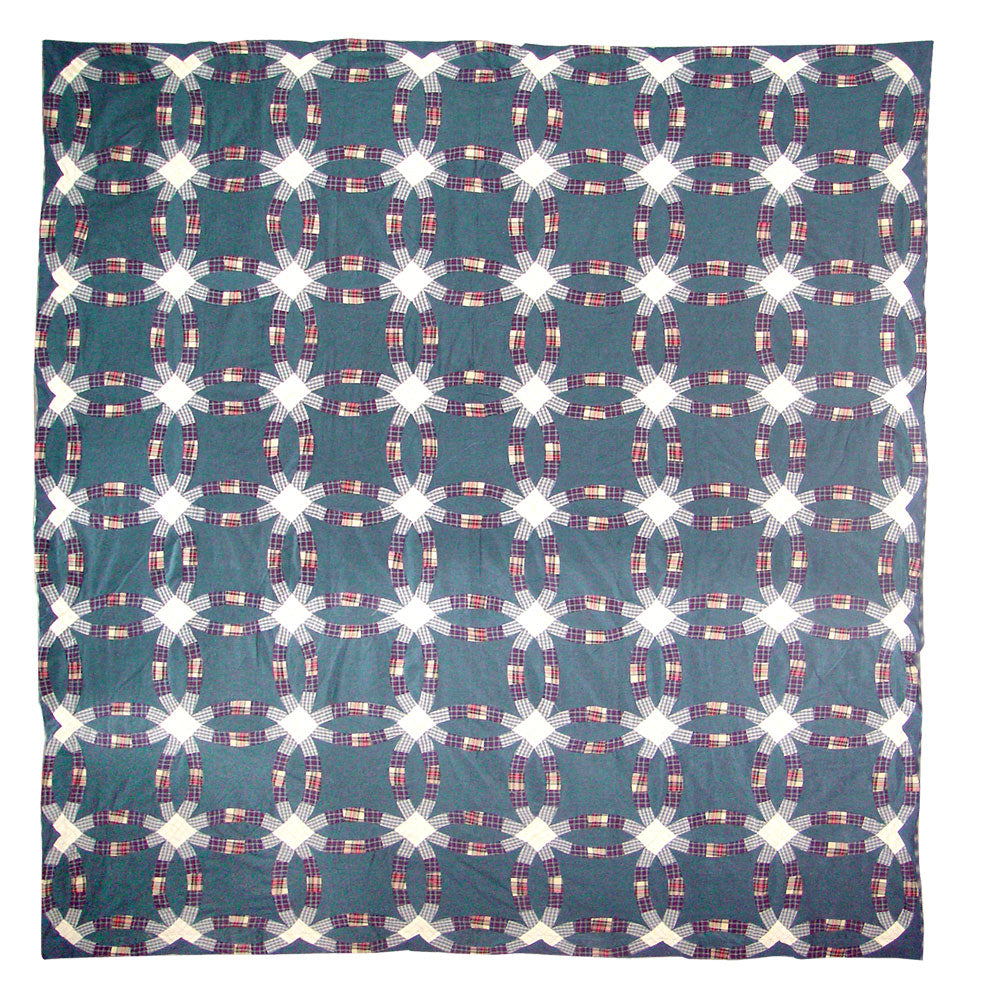 Blue Double Wedding Ring Quilt, Hand cut and Patchwork cotton fabric blocks.