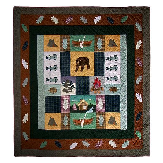 Patch Magic's Embroidered Duvet Cover - Cotton and Handmade Duvet Cover  Cabin Duvet Cover   A Cozy ill addition for your cabin in the woods or lodge. The cabin collection lets your hideaway in cozy coordinates of warm homespun plaids, rustic fabrics, hunting icons of log cabins, trout, canoes, log wood fires pitched tents rustling fallen leaves and towering brown bears that welcomes you like an old friend.