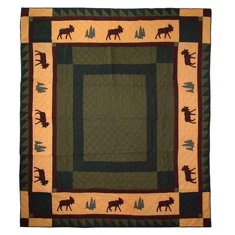 Patch Magic's Embroidered Duvet Cover - Cotton and Handmade Duvet Cover Cedar Trail Duvet Cover Feel as if you watching the moose roam the woods with this forest green light quilt. Enhanced with beige and chocolate browns with moose and every greens.