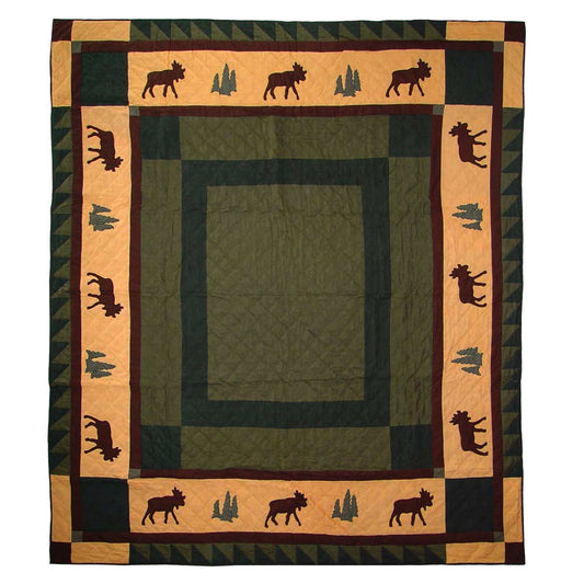 Patch Magic's Embroidered Duvet Cover - Cotton and Handmade Duvet Cover Cedar Trail Duvet Cover Feel as if you watching the moose roam the woods with this forest green light quilt. Enhanced with beige and chocolate browns with moose and every greens.