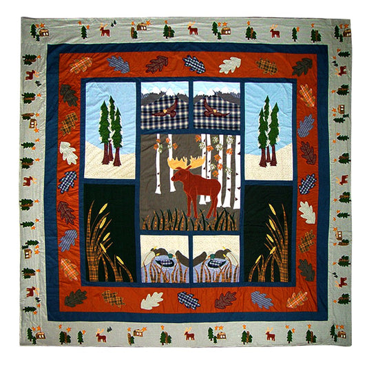 Patch Magic's Embroidered Duvet Cover - Cotton and Handmade Duvet Cover  Moose Duvet Cover  This handmade original Duvet Cover portrays the majestic moose wandering in the woods of authentic earth tone plaid oak leaves and aspen trees with the mallards swimming in the pond. This unique environment will transition your home to this outdoor setting.
