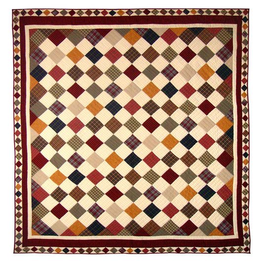 Patch Magic's Patchworked Duvet Cover - Cotton and Handmade Duvet Cover Rustic Cabin Duvet Cover - Find your favorite cabin hidden between creamy patches and multi-colored rustic plaid squares. This quilt has diamond studs for borders framed in burgundy with an equal balance of color and pattern.