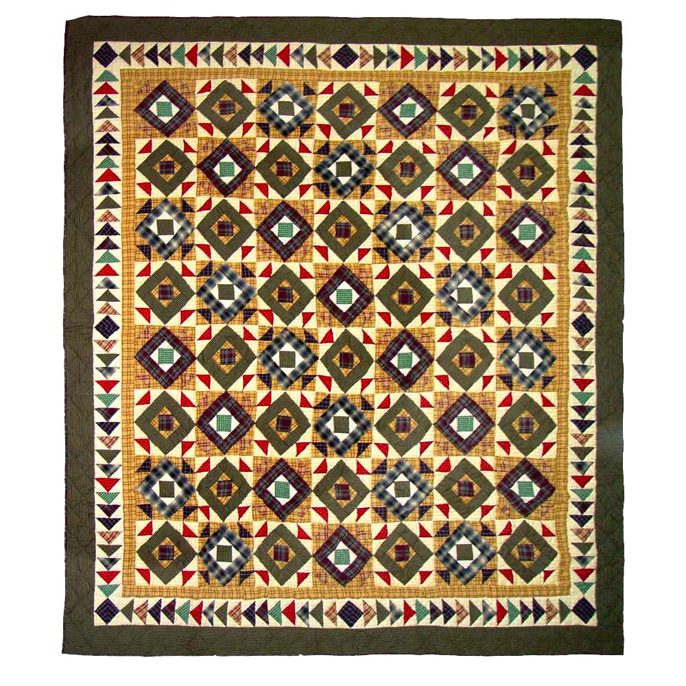 Patch Magic's Patchworked Duvet Cover - Cotton and Handmade Duvet Cover. Square Diamond Duvet Cover - Flaming red cracking around homespun rustic diamond patches of green, blue, and yellow plaid draw into this quilt. The array of colors grabs your attention and warms your room.