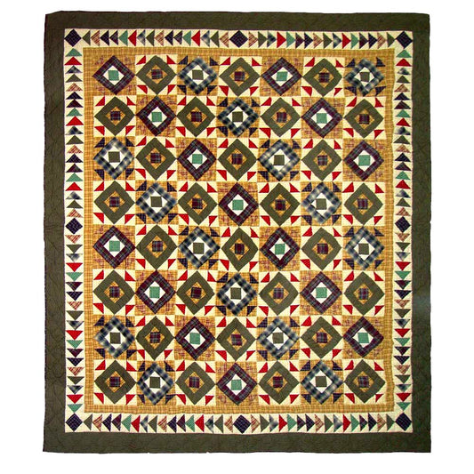 Patch Magic's Patchworked Duvet Cover - Cotton and Handmade Duvet Cover. Square Diamond Duvet Cover - Flaming red cracking around homespun rustic diamond patches of green, blue, and yellow plaid draw into this quilt. The array of colors grabs your attention and warms your room.