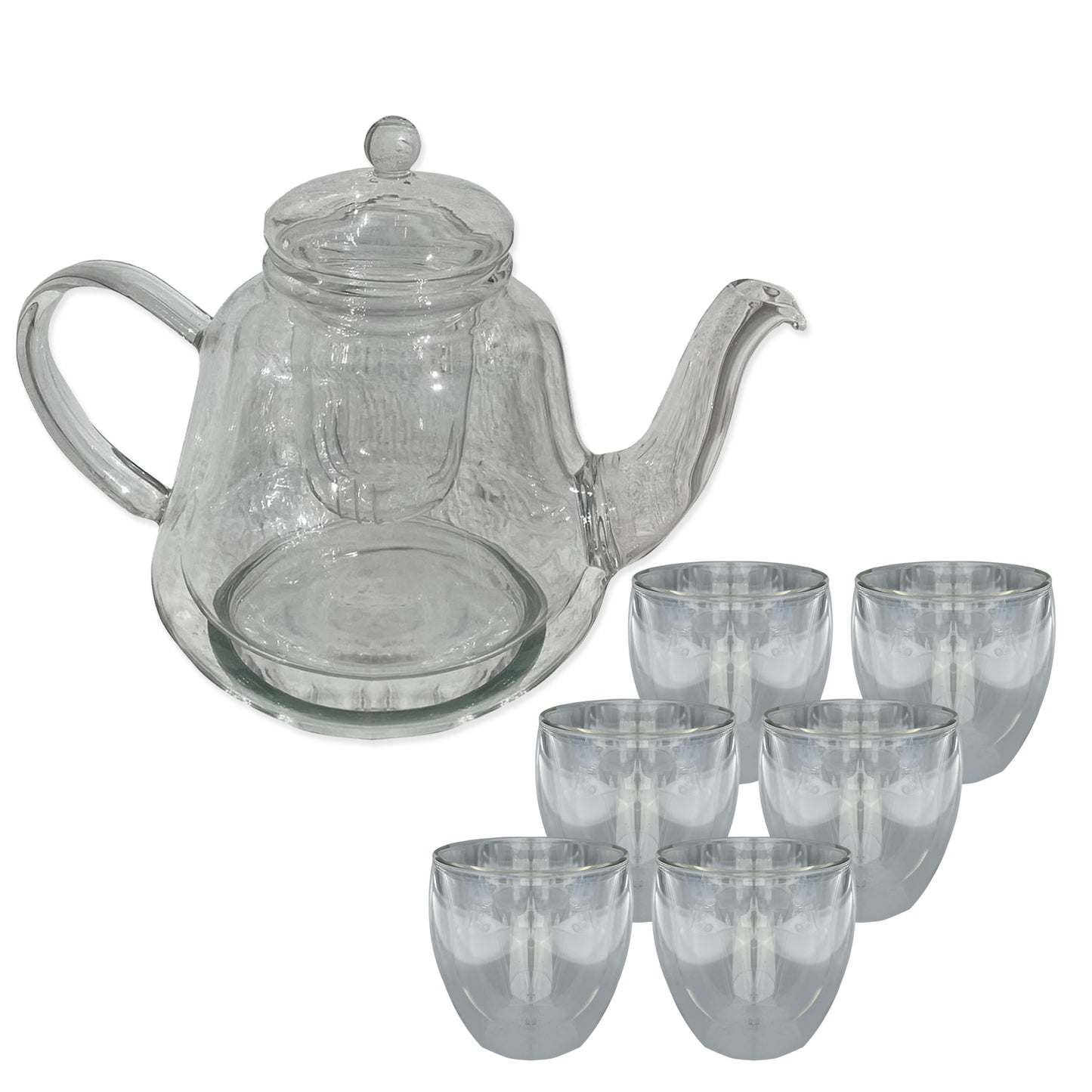 Oval Shaped Double Layer Glass Teapot, 530ml Teapot with Removable Infuser and Lid, Heatproof Safe side handle, Tea Cups