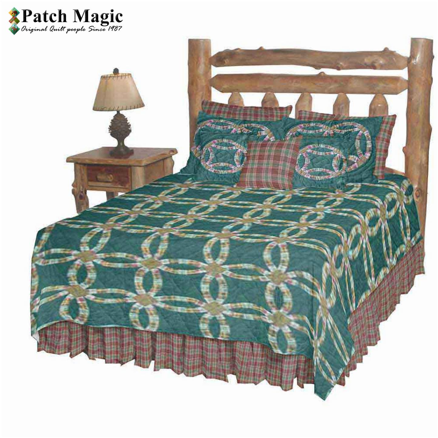 Green Double Wedding Ring Quilt, Hand cut and Patchwork cotton fabric blocks.