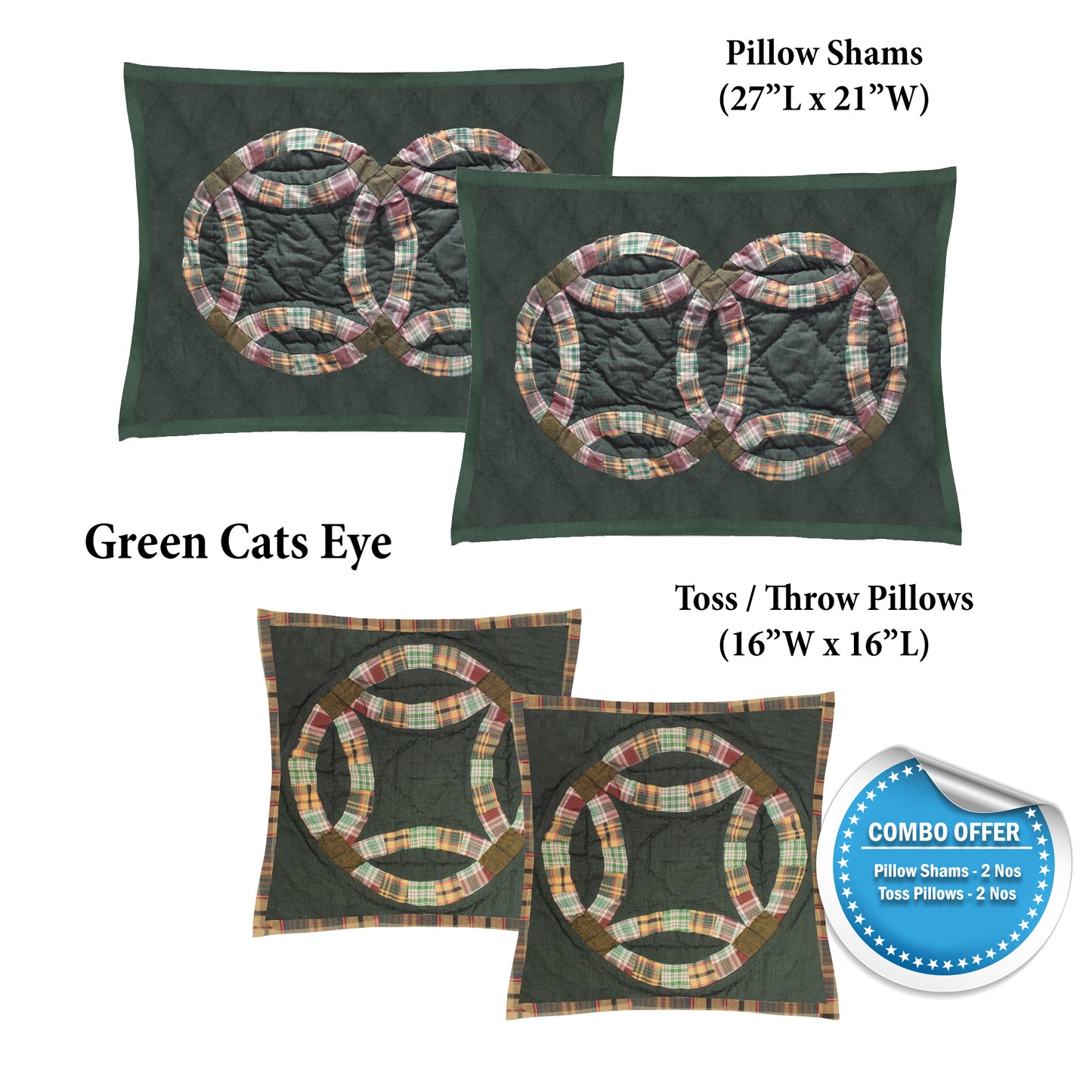 Pillow Shams and Throw Pillow Combo- Set of 4 Pieces ( 2 Shams and 2 Pillow) 100% Cotton, Hand Quilted and Hand Embroidered/ Patch Work.