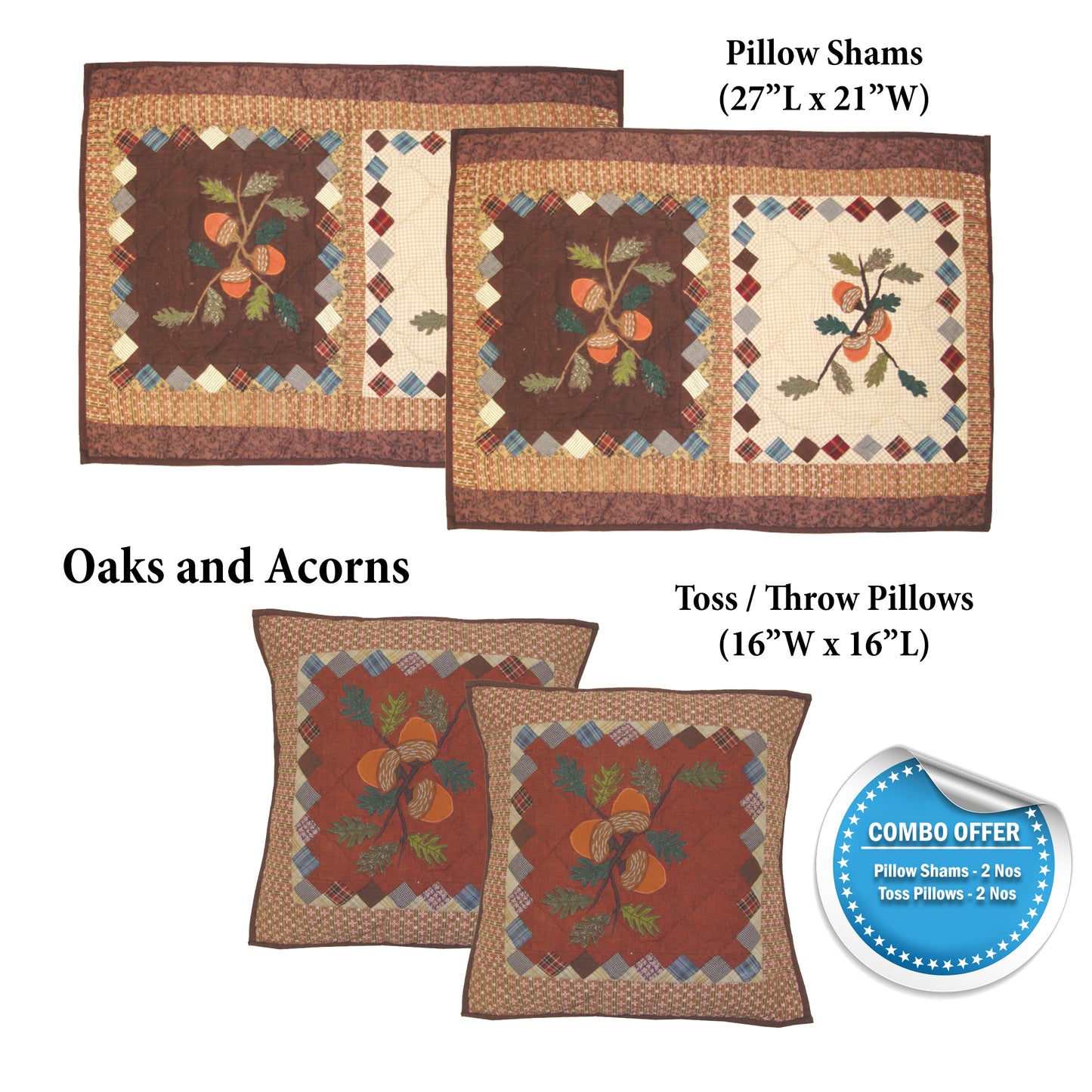 Pillow Shams and Throw Pillow Combo- Set of 4 Pieces ( 2 Shams and 2 Pillow) 100% Cotton, Hand Quilted and Hand Embroidered/ Patch Work.