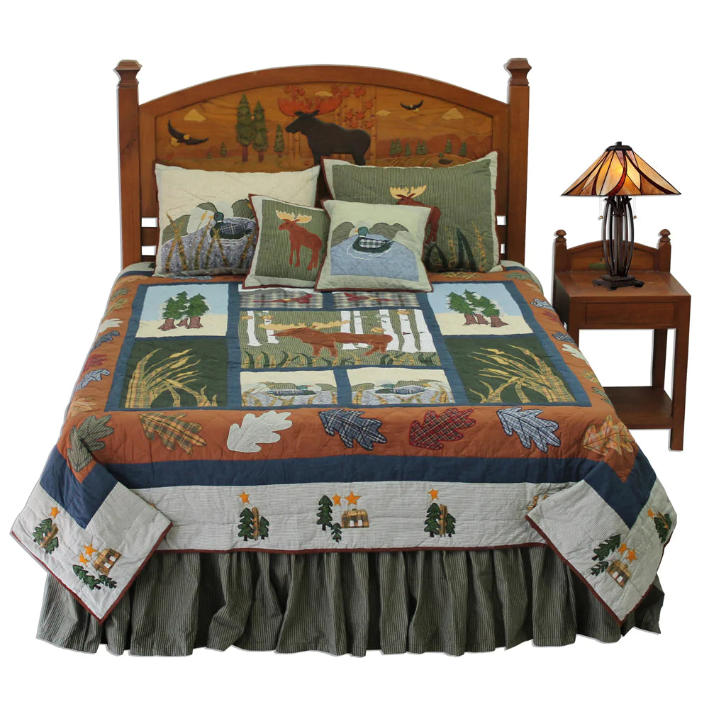 Quilted Moose Quilt, Hand cut and Appliqued cotton fabric motifs.