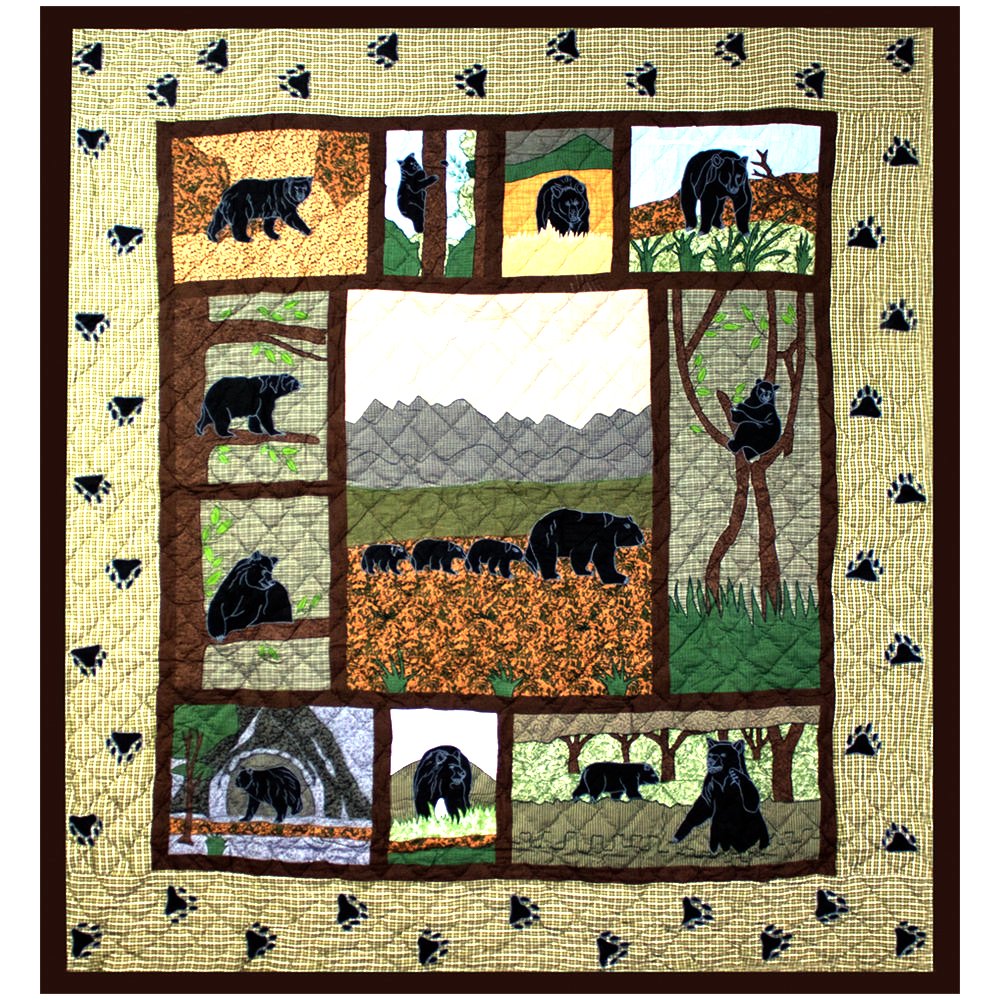 Patch Magic’s Bear Country - Embroidered Lap / Throw Quilt - Filled with Soft Cotton, Handmade, 100% Cotton Throw/lap Quilt.