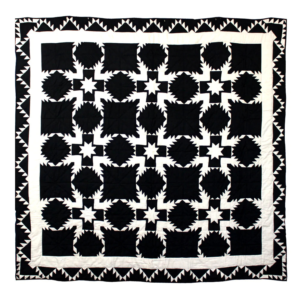 Black Feathered Star Quilt, Hand cut and Patchwork cotton fabric blocks.