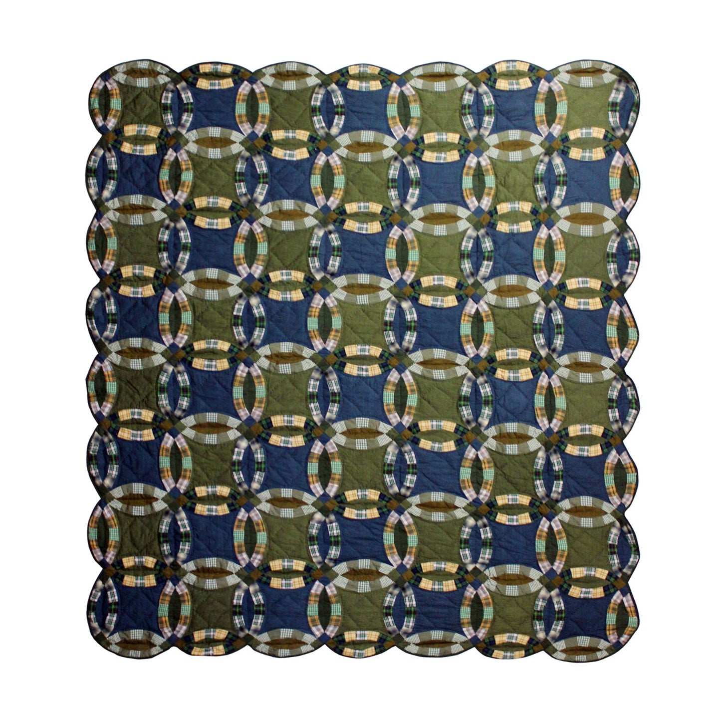 Chambray Wedding Ring Quilt, Hand cut and Patchwork cotton fabric blocks.