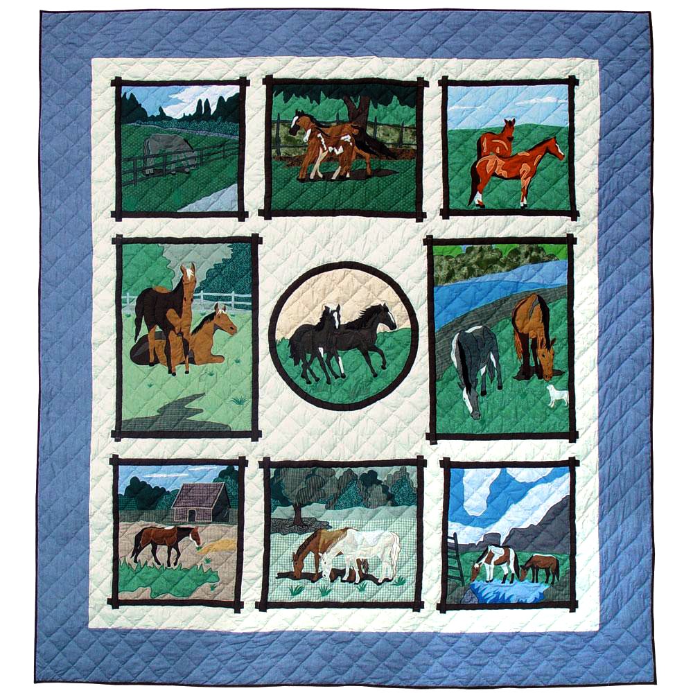 Foal and Filly Horse Cotton Reversible Quilt, Queen Size - 85"W x 95"L.