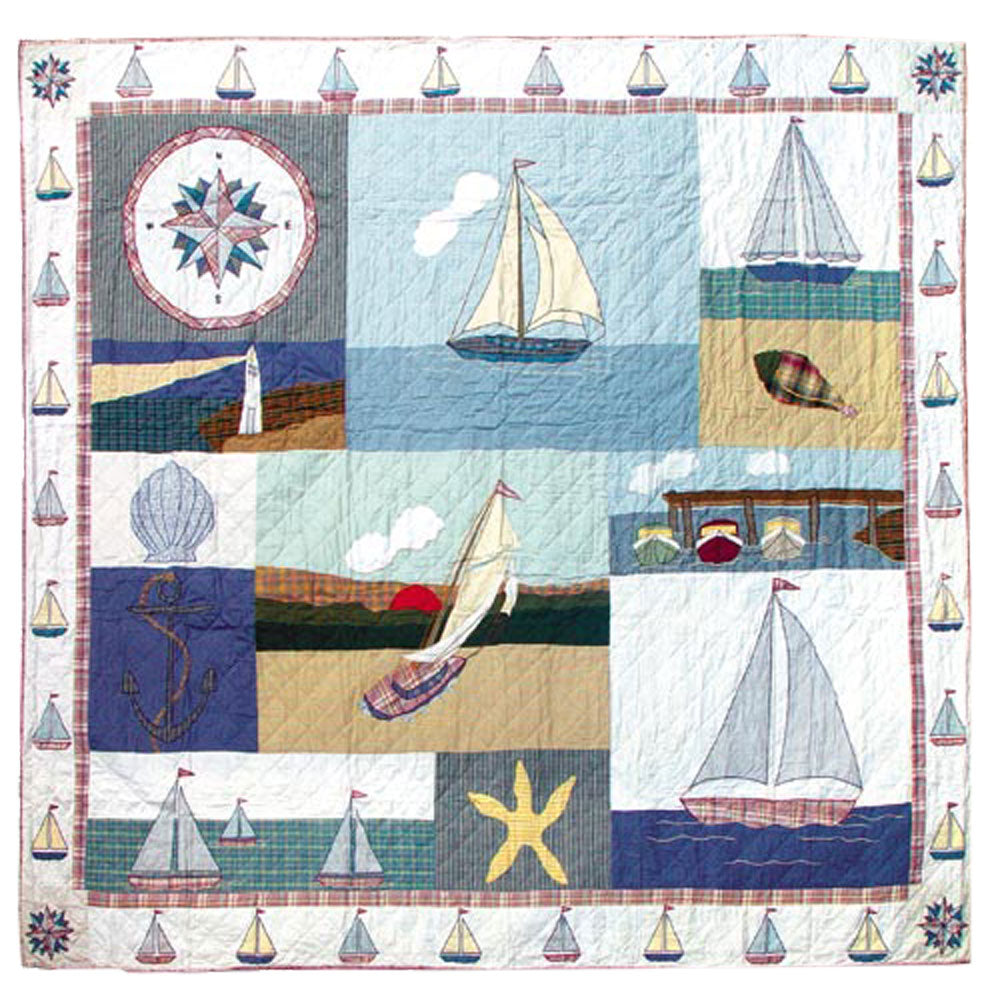Sailboats Voyage Quilt, Hand cut and Appliqued cotton fabric motifs.