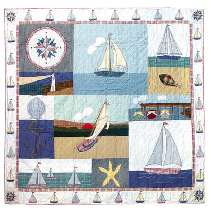Sailboats Voyage Quilt, Hand cut and Appliqued cotton fabric motifs.