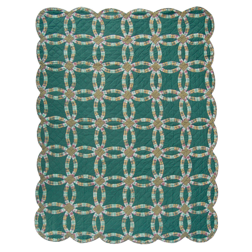 Green Double Wedding Ring Quilt, Hand cut and Patchwork cotton fabric blocks.