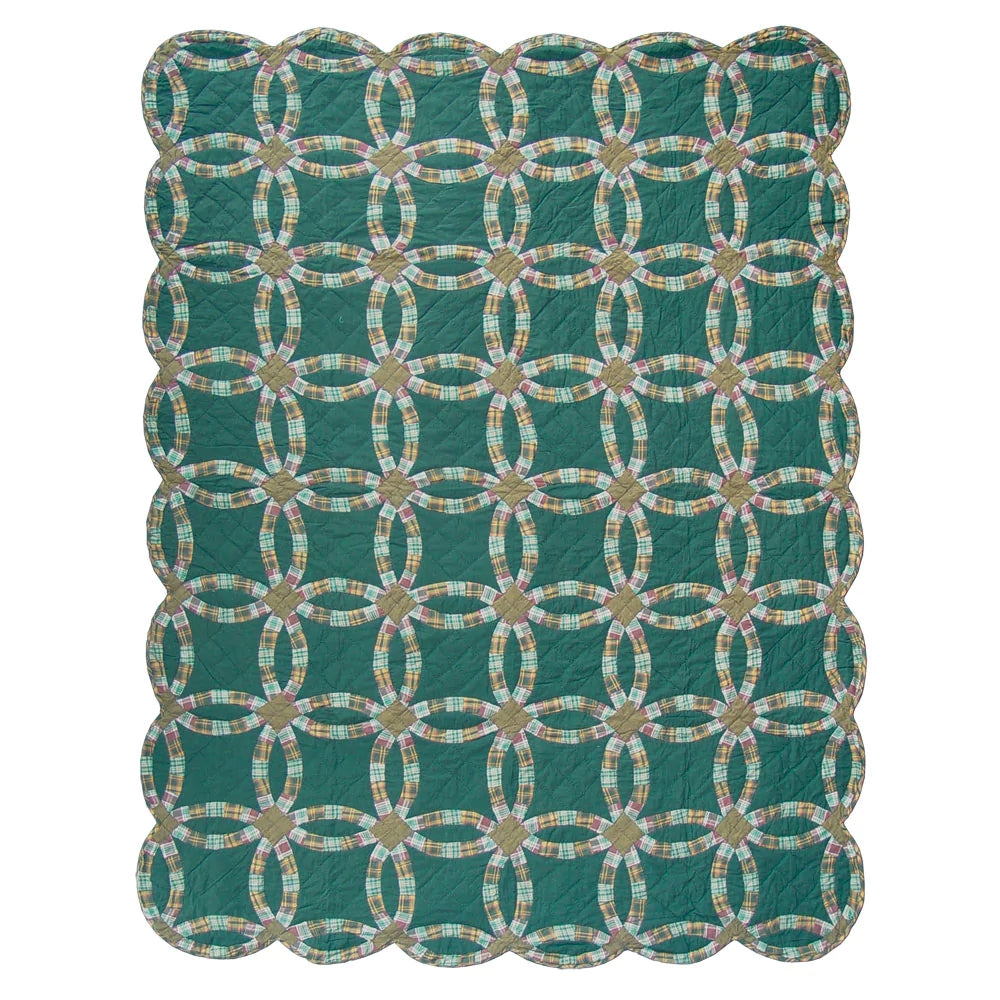 Green Double Wedding Ring Quilt, Hand cut and Patchwork cotton fabric blocks.