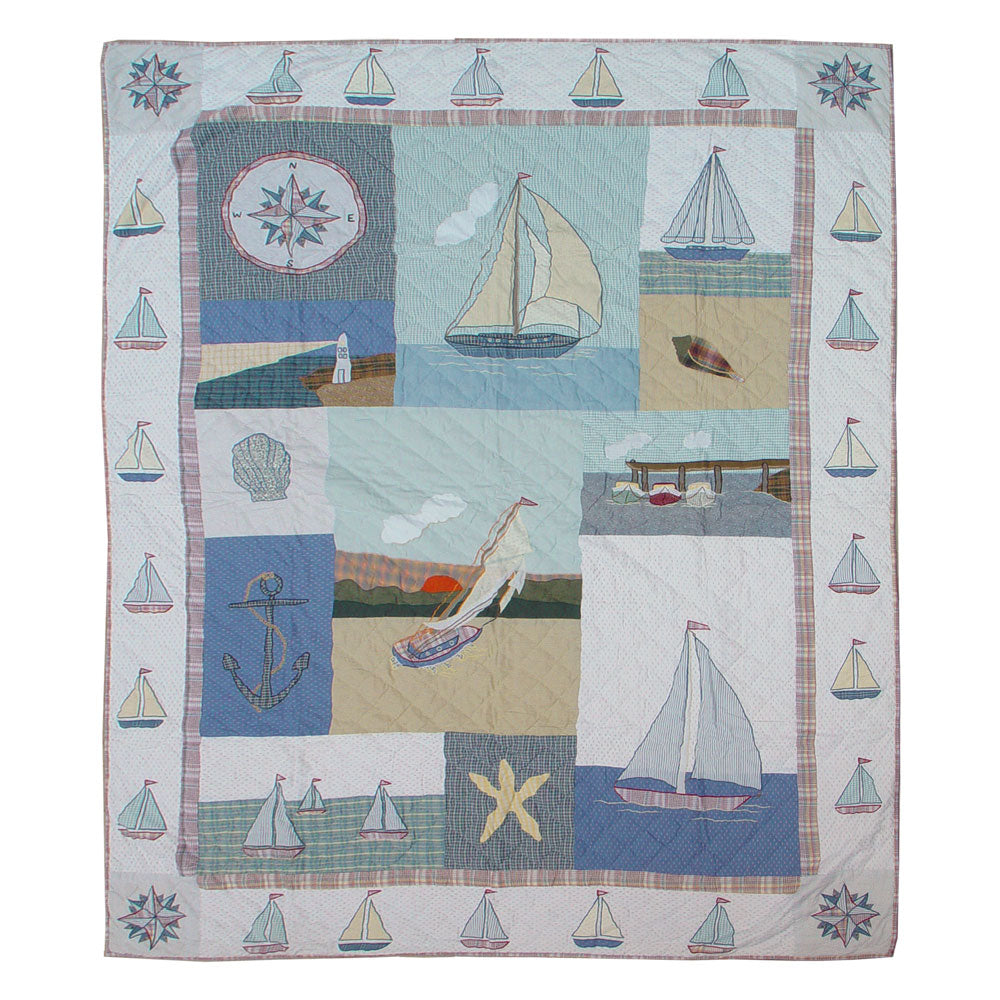 Sailboats Voyage Quilt, Hand cut and Appliqued cotton fabric motifs.
