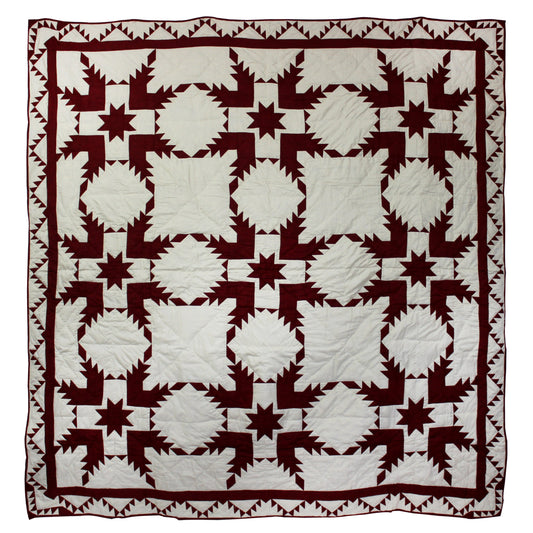 Ruby Feathered Star Quilt, Hand cut and Patchwork cotton fabric blocks.