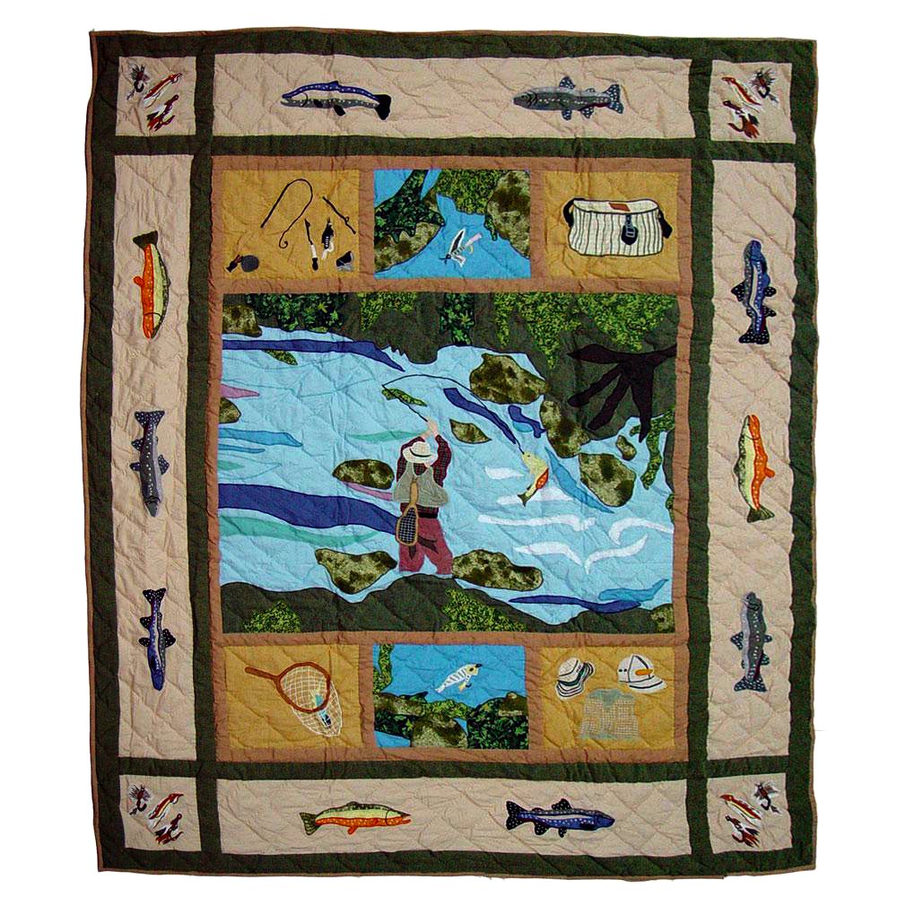 Patch Magic’s Fly Fishing - Embroidered Lap / Throw Quilt - Filled with Soft Cotton, Handmade, 100% Cotton Throw/Lap Quilt.