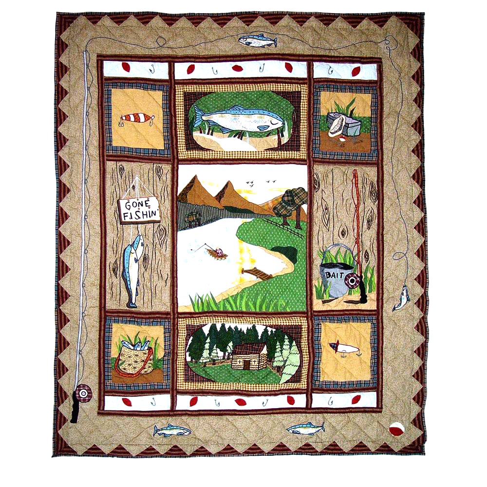 Patch Magic’s Gone Fishing - Embroidered Lap / Throw Quilt - Filled with Soft Cotton, Handmade, 100% Cotton Throw/Lap Quilt.